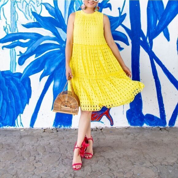 Lilly Pulitzer Indira Mock Collar Tiered Panel Eyelet Swing Dress Lemon Yellow - Picture 3 of 16